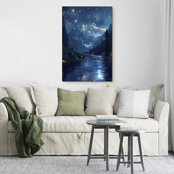 Fluss mit einem Berg und Sternen am Himmel Fluss mit einem Berg und Sternen am Himmel