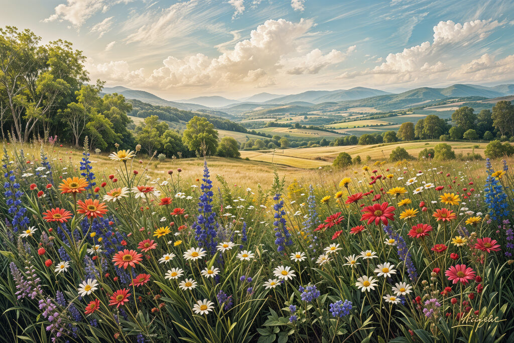 s40018p 1024x683 - Blumenfeld mit Bergen im Hintergrund