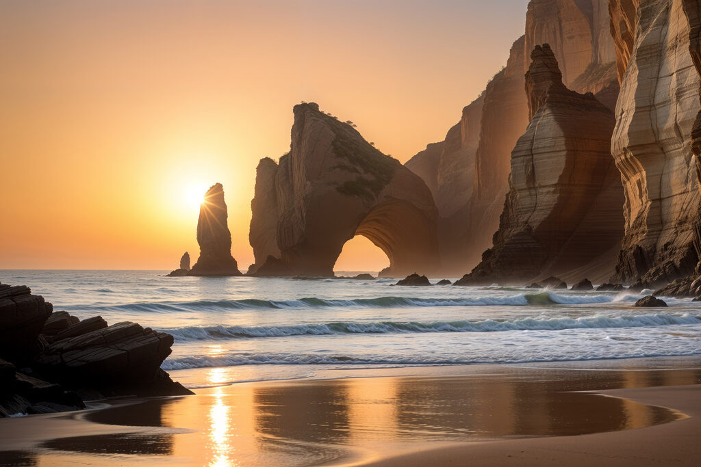 Sunset over a beach with rocks and water
