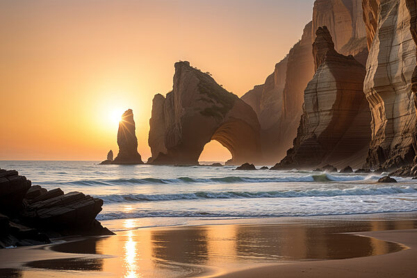 Sunset over a beach with rocks and water