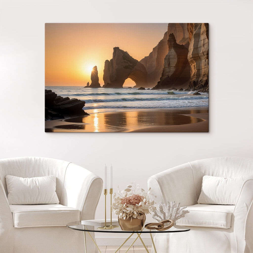 Sunset over a beach with rocks and water
