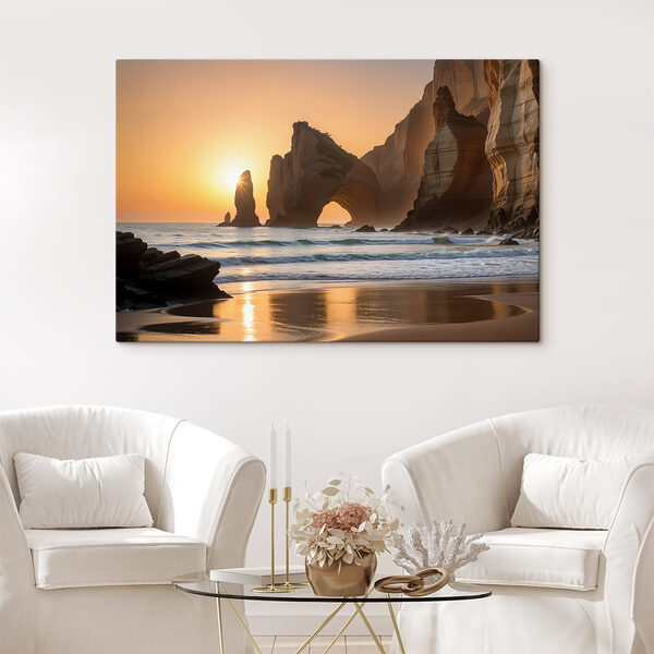 Sunset over a beach with rocks and water