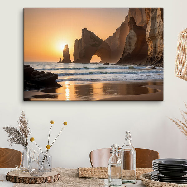 Sunset over a beach with rocks and water
