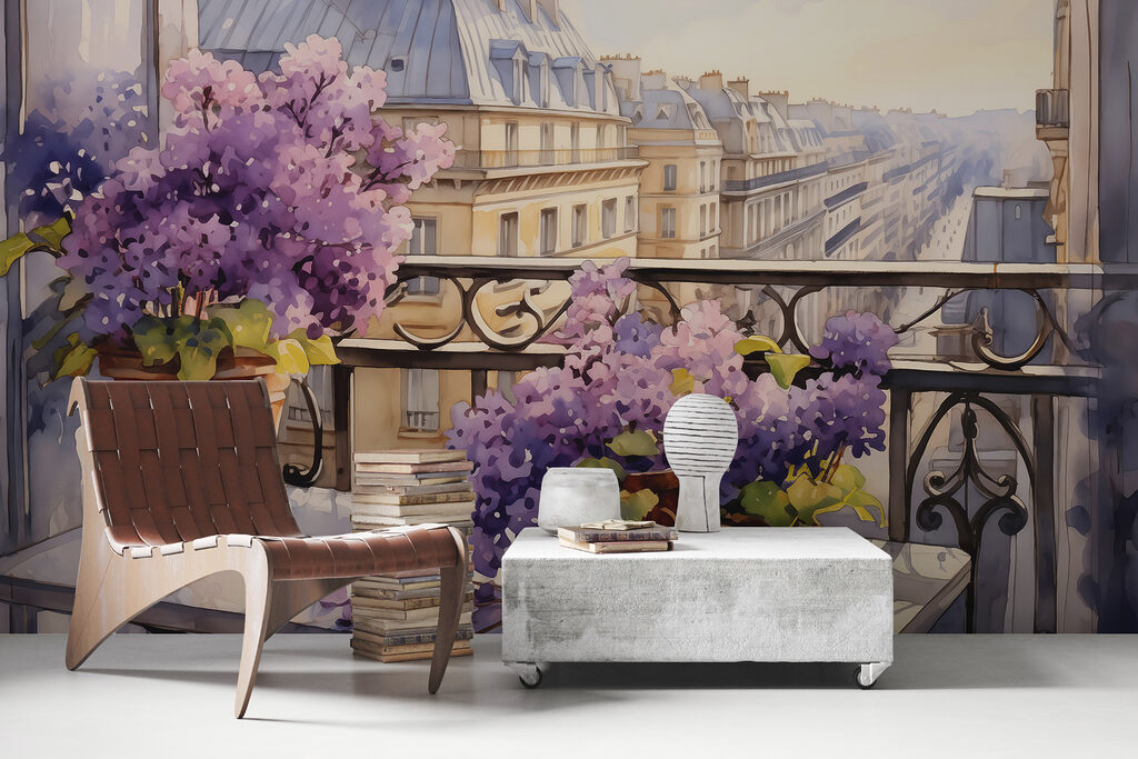 Painting of a balcony with purple flowers