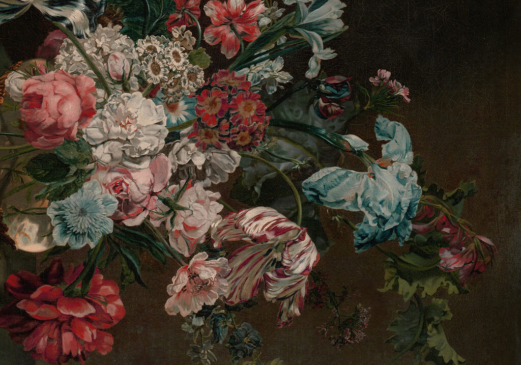 Gemälde mit Blumen auf dunklem Hintergrund Gemälde mit Blumen auf dunklem Hintergrund
