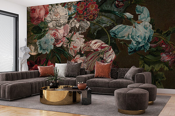 Gemälde mit Blumen auf dunklem Hintergrund Gemälde mit Blumen auf dunklem Hintergrund