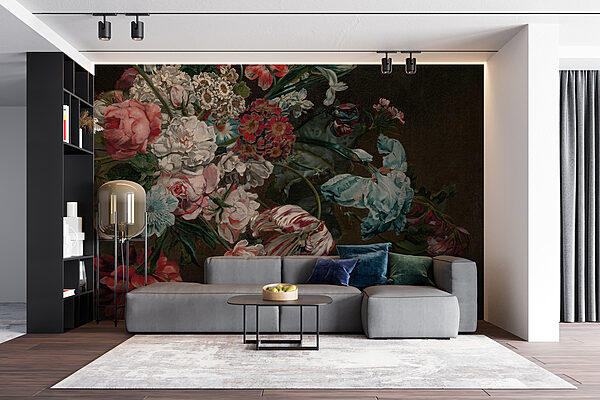 Gemälde mit Blumen auf dunklem Hintergrund Gemälde mit Blumen auf dunklem Hintergrund