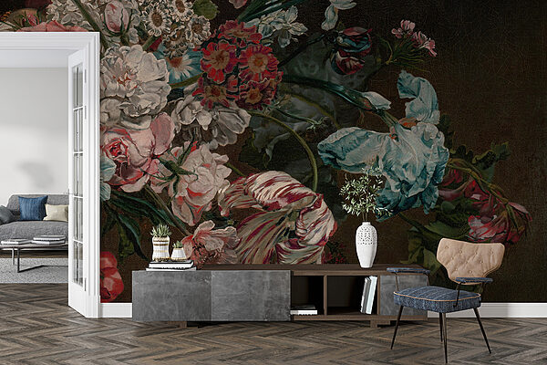 Gemälde mit Blumen auf dunklem Hintergrund Gemälde mit Blumen auf dunklem Hintergrund