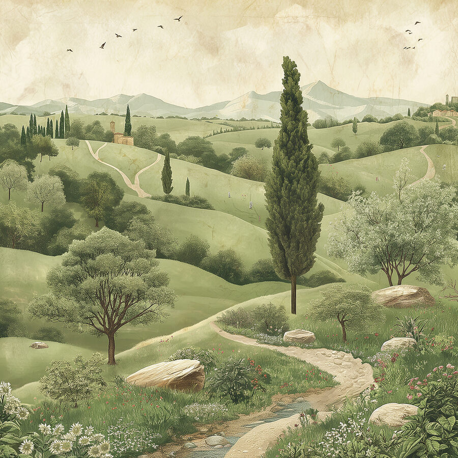 Landschaft mit Bäumen und einer Straße