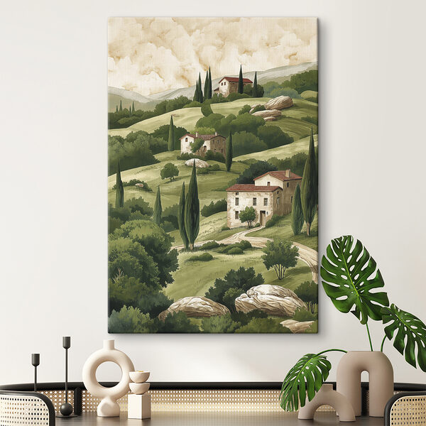 Gemälde einer Landschaft mit Häusern und Bäumen Gemälde einer Landschaft mit Häusern und Bäumen