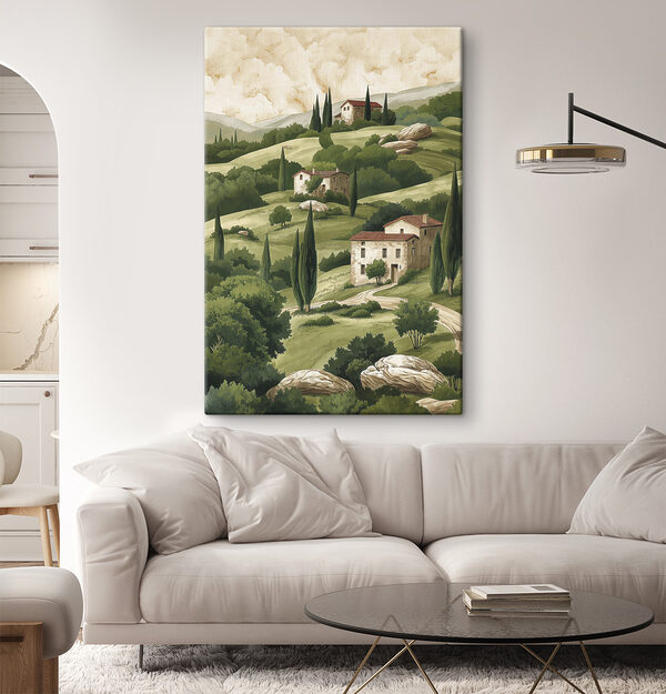 Gemälde einer Landschaft mit Häusern und Bäumen Gemälde einer Landschaft mit Häusern und Bäumen