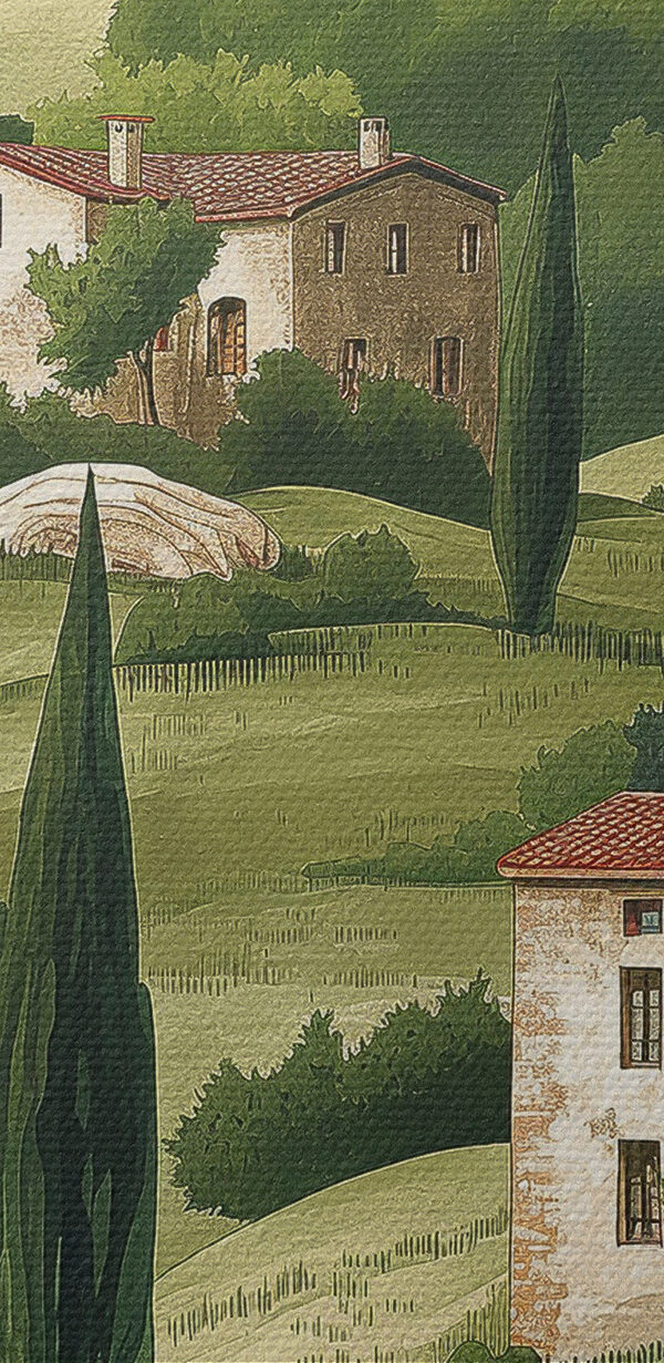 Gemälde einer Landschaft mit Häusern und Bäumen Gemälde einer Landschaft mit Häusern und Bäumen