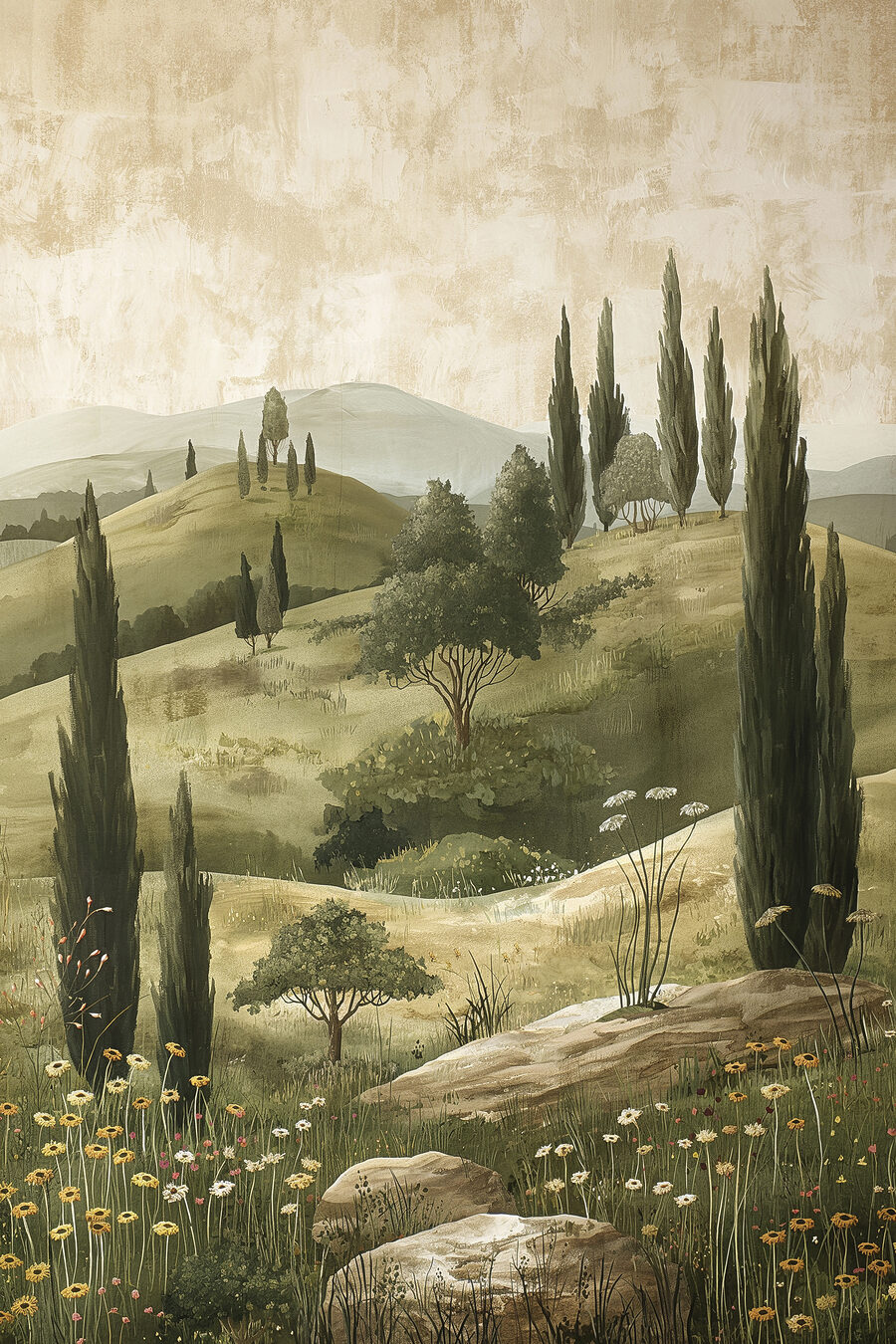 Gemälde einer Landschaft mit Bäumen und Hügeln