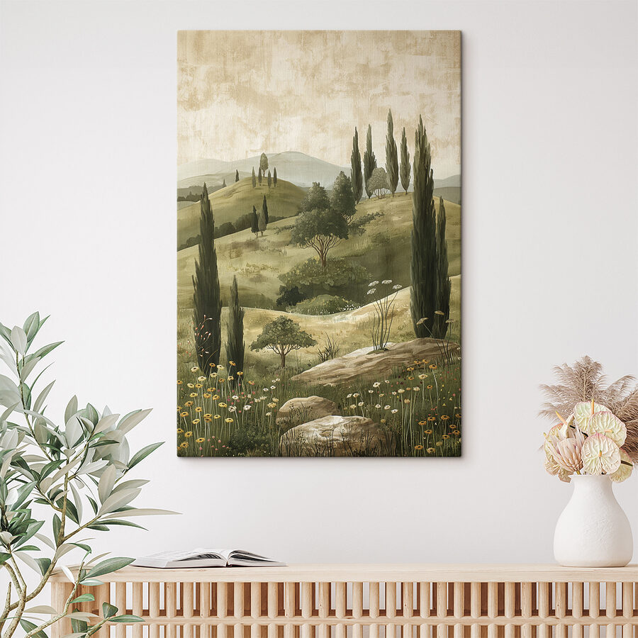 Gemälde einer Landschaft mit Bäumen und Hügeln
