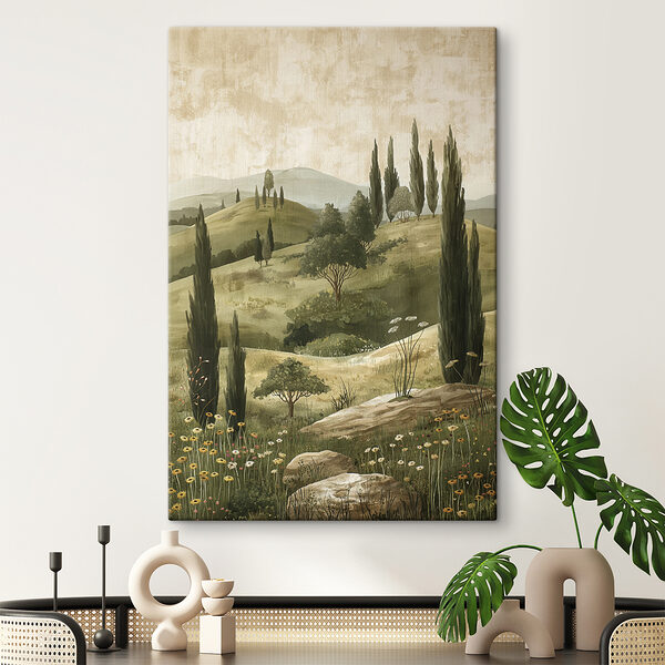 Gemälde einer Landschaft mit Bäumen und Hügeln Gemälde einer Landschaft mit Bäumen und Hügeln