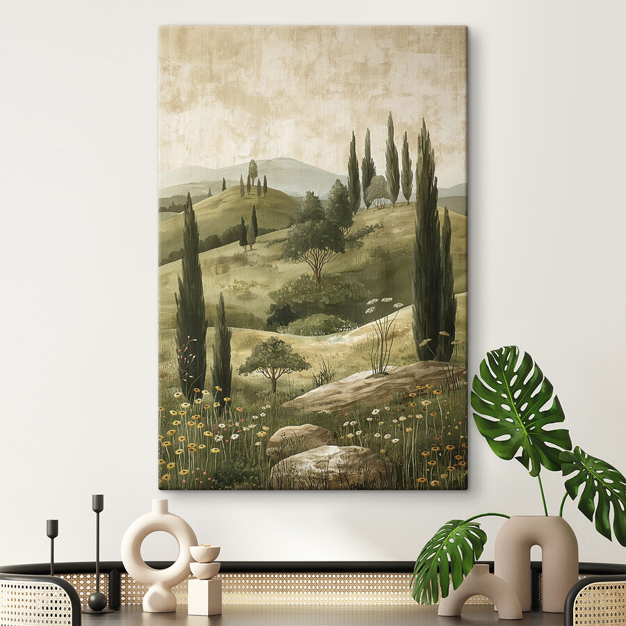 Gemälde einer Landschaft mit Bäumen und Hügeln