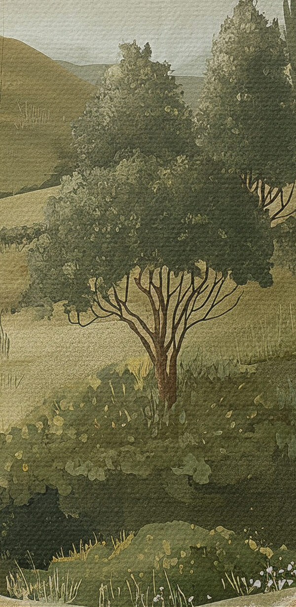 Gemälde einer Landschaft mit Bäumen und Hügeln Gemälde einer Landschaft mit Bäumen und Hügeln