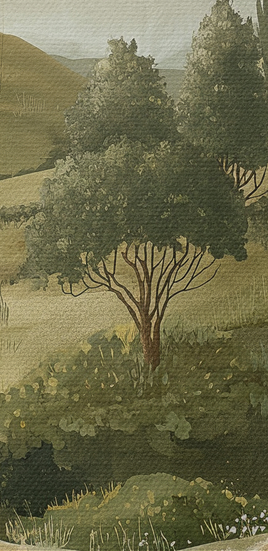 Gemälde einer Landschaft mit Bäumen und Hügeln