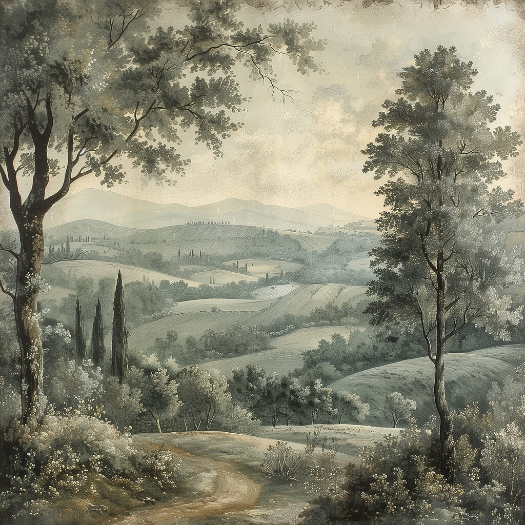 Painting of a landscape with trees and hills Painting of a landscape with trees and hills