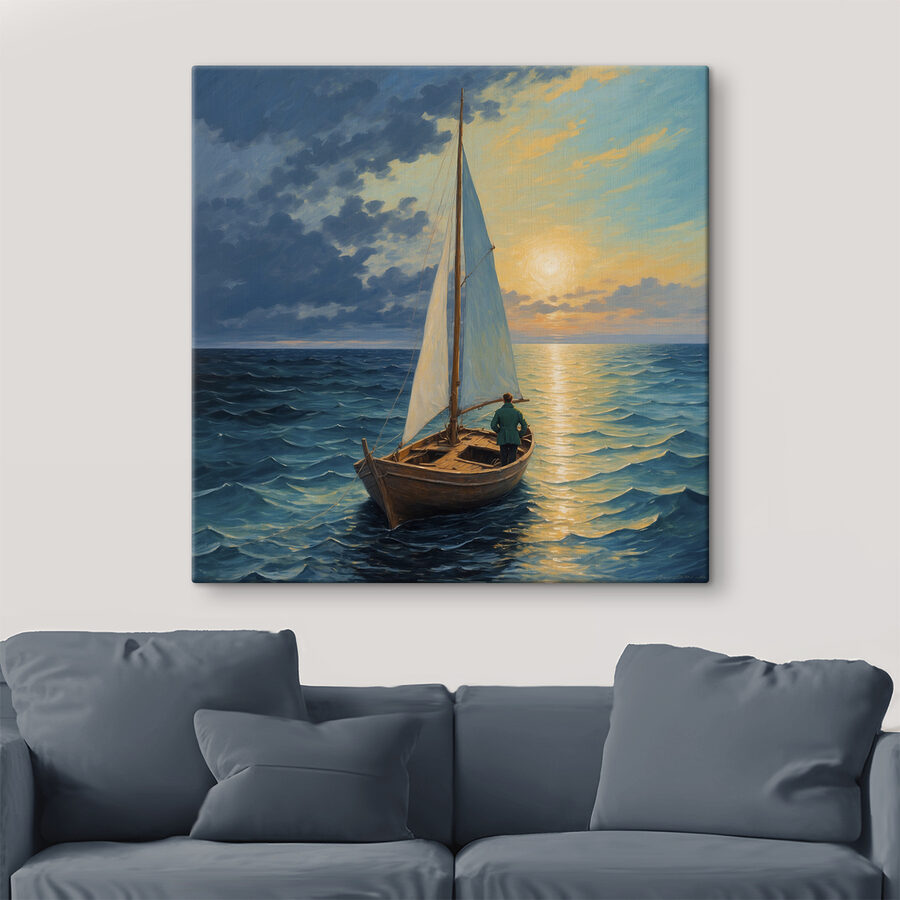 Gemälde eines Mannes in einem Boot auf dem Meer