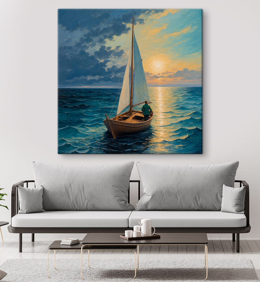 Gemälde eines Mannes in einem Boot auf dem Meer