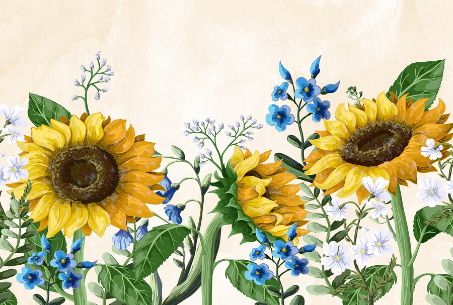 Gruppe von Sonnenblumen und anderen Blumen