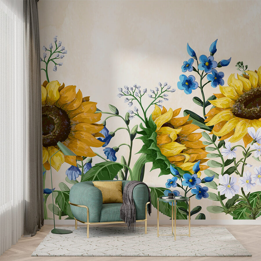 Gruppe von Sonnenblumen und anderen Blumen