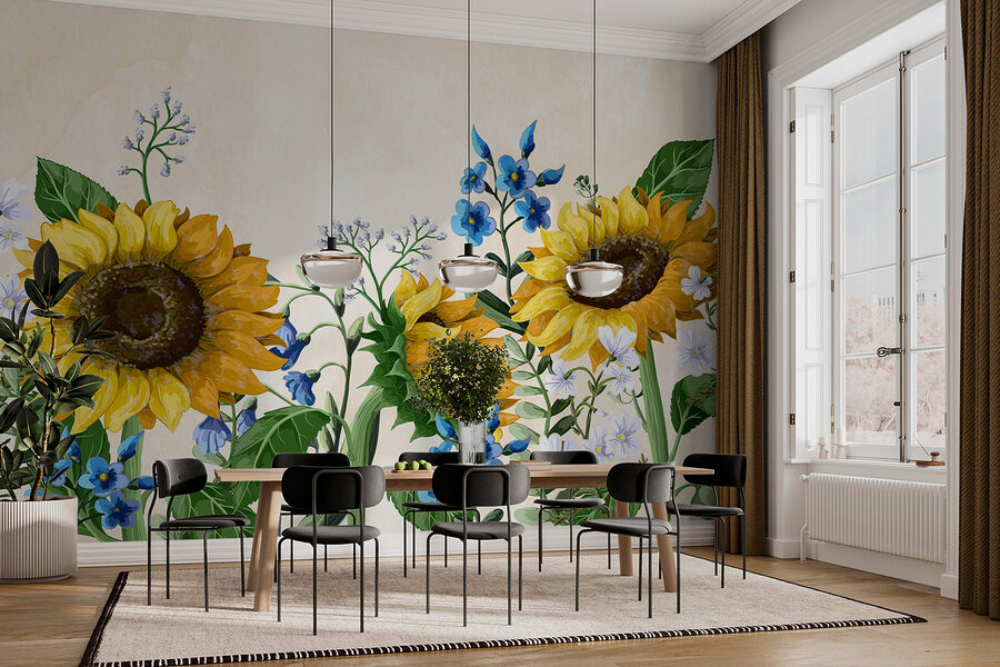 Gruppe von Sonnenblumen und anderen Blumen