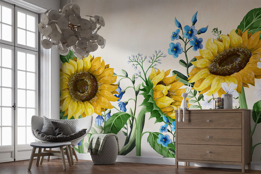 Gruppe von Sonnenblumen und anderen Blumen