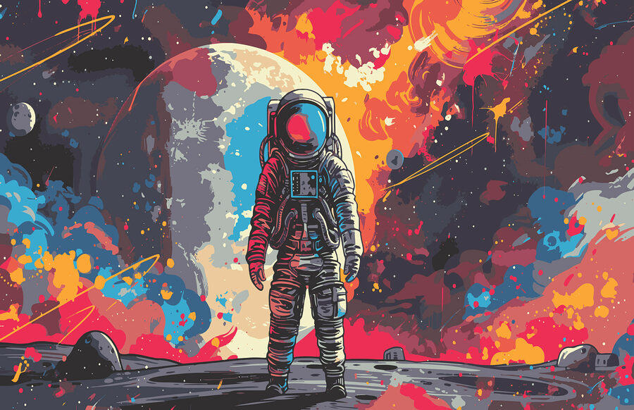 Astronaut im Weltraum mit einem großen roten und orangefarbenen Raum hinter ihm