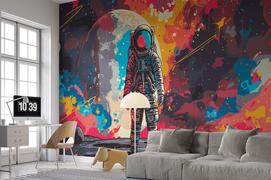 Astronaut im Weltraum mit einem großen roten und orangefarbenen Raum hinter ihm