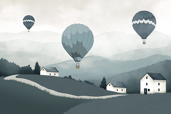 Gruppe von Heißluftballons fliegen über ein Dorf Gruppe von Heißluftballons fliegen über ein Dorf