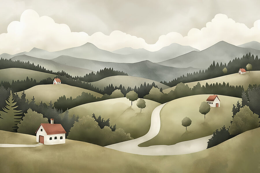 Landschaft mit Häusern und Bäumen