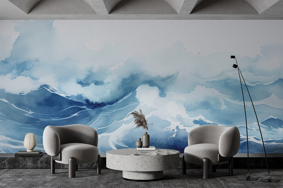 Aquarell von Wellen und Wolken