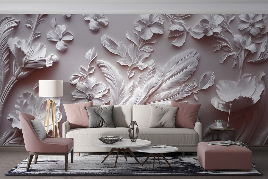 Fototapeten Weiße Wand mit Blumen und Blättern – Bild 2