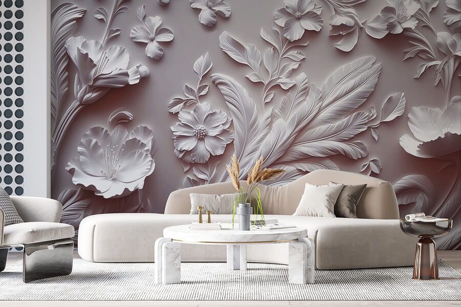 Fototapeten Weiße Wand mit Blumen und Blättern – Bild 3