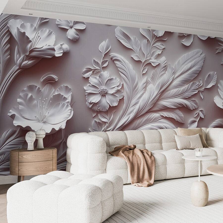 Fototapeten Weiße Wand mit Blumen und Blättern – Bild 4