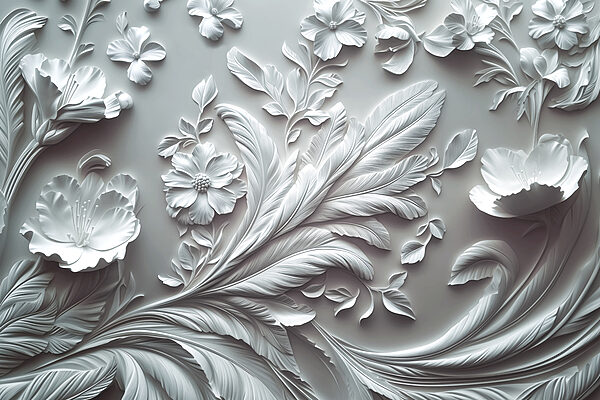 Weiße Wand mit Blumen und Blättern Weiße Wand mit Blumen und Blättern