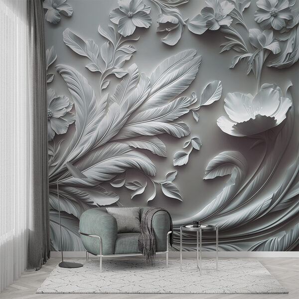 Weiße Wand mit Blumen und Blättern Weiße Wand mit Blumen und Blättern