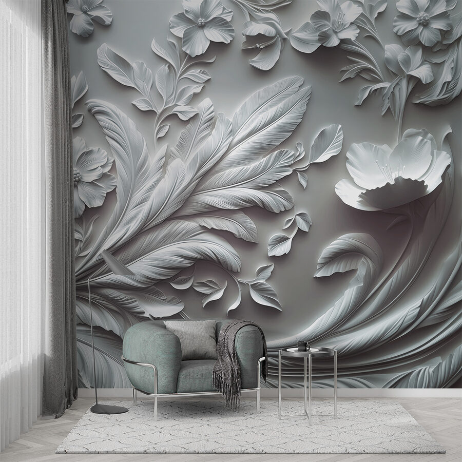 Weiße Wand mit Blumen und Blättern Weiße Wand mit Blumen und Blättern