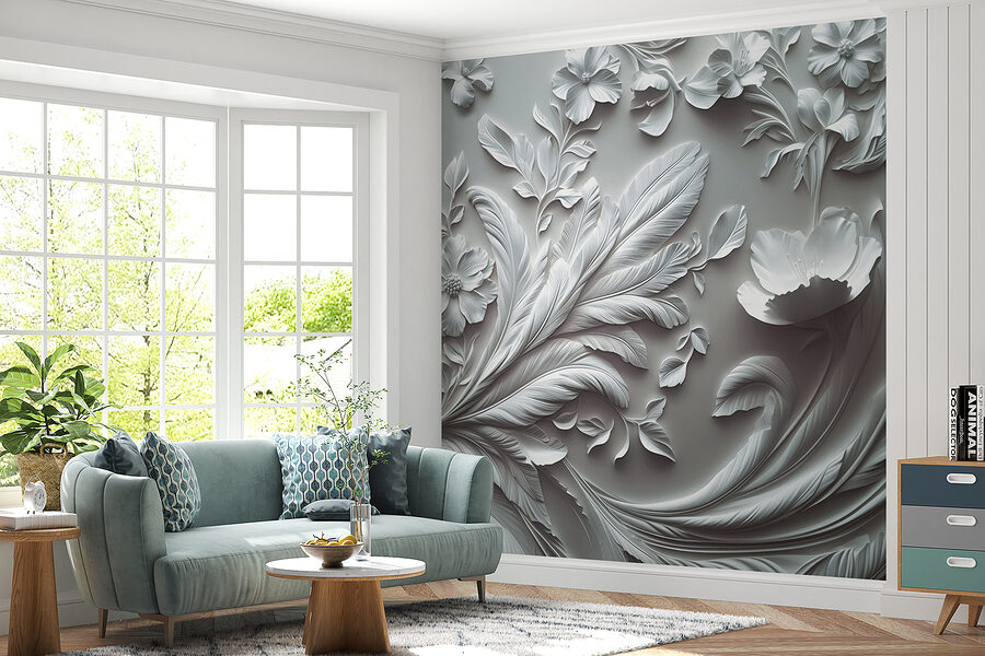 Weiße Wand mit Blumen und Blättern Weiße Wand mit Blumen und Blättern