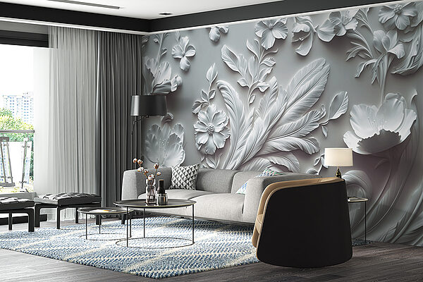 Weiße Wand mit Blumen und Blättern Weiße Wand mit Blumen und Blättern