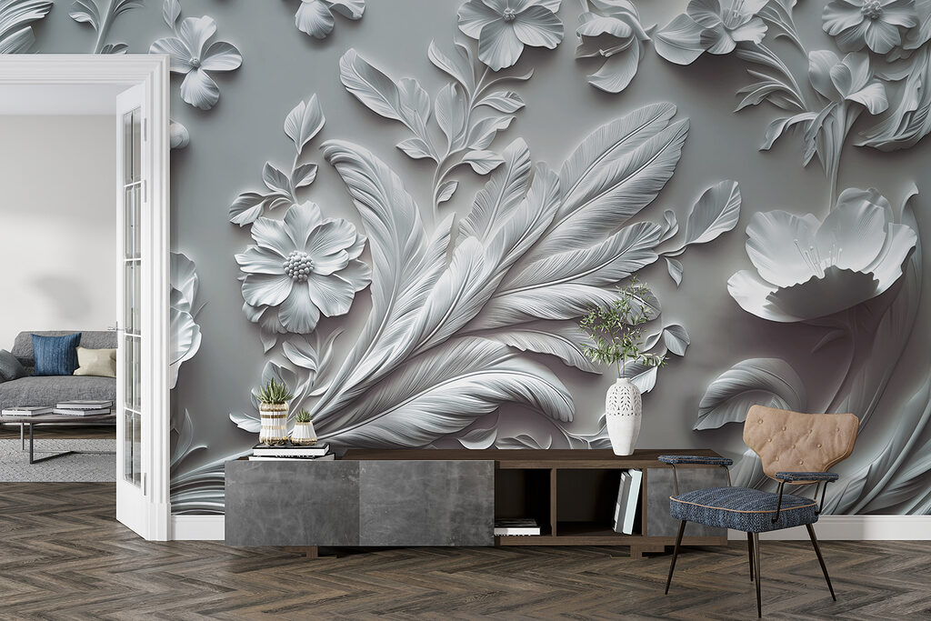 White wall with flowers and leaves