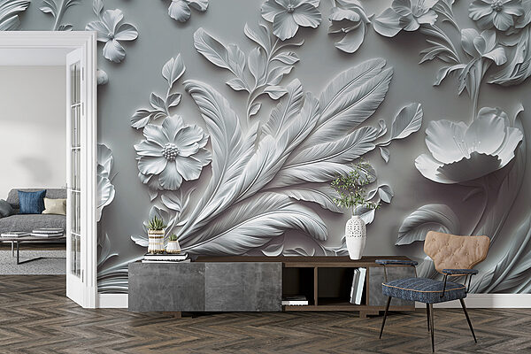 Weiße Wand mit Blumen und Blättern Weiße Wand mit Blumen und Blättern
