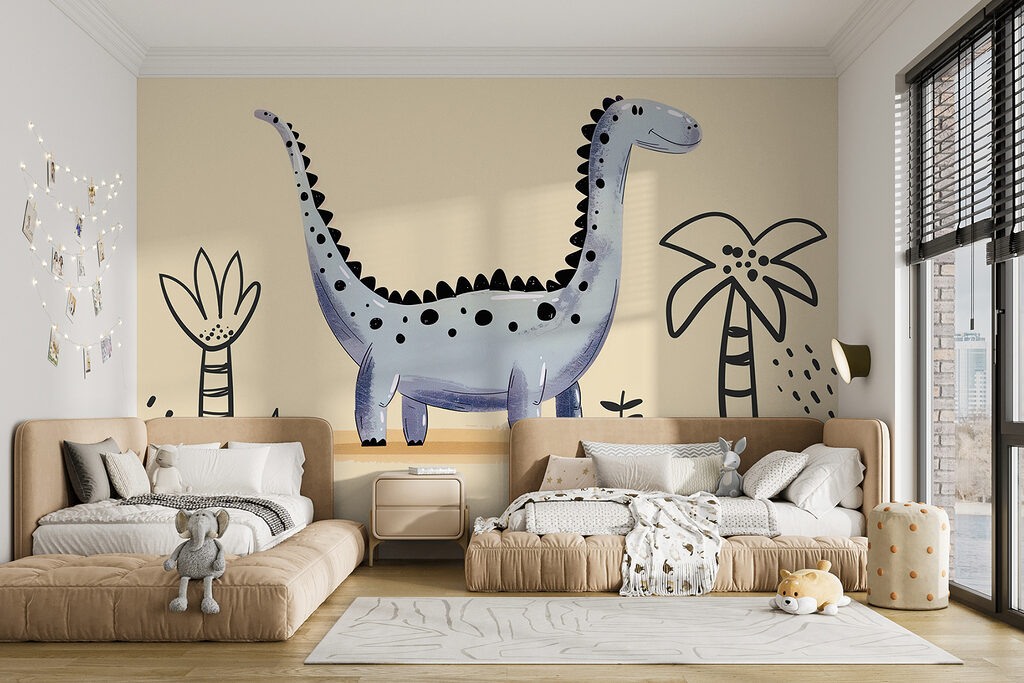 Cartoon dinosaur with plants and flowers
