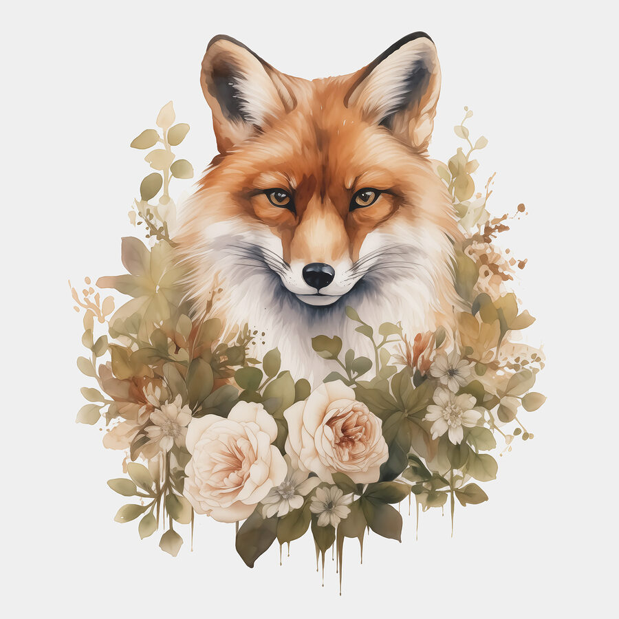 Fuchs mit Blumen um ihn herum
