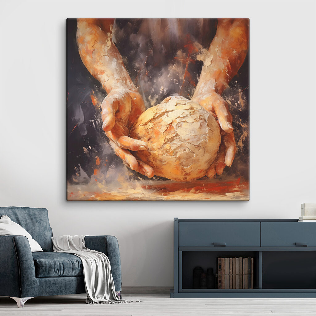 Painting of hands holding a ball of bread