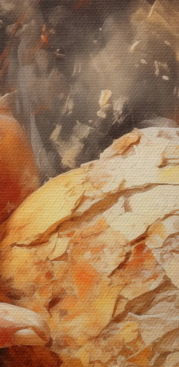 Gemälde von Händen, die eine Brotkugel halten Gemälde von Händen, die eine Brotkugel halten