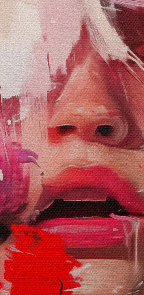 Woman with white hair and pink paint