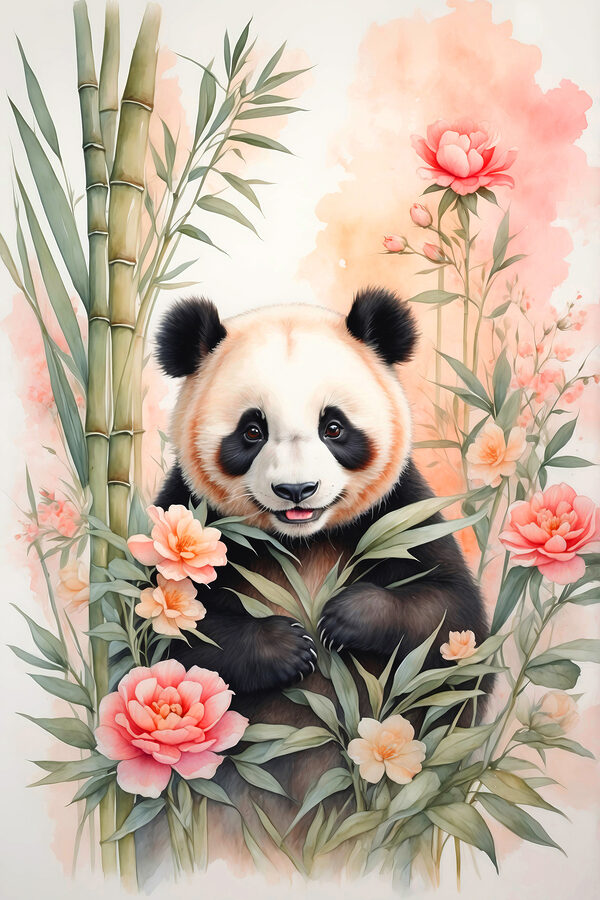 Pandabär mit Blumen und Bambus Pandabär mit Blumen und Bambus